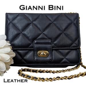 Gianni Bernini Leather Crossbody Bag Black Quilted Chain Strap Classic Evening